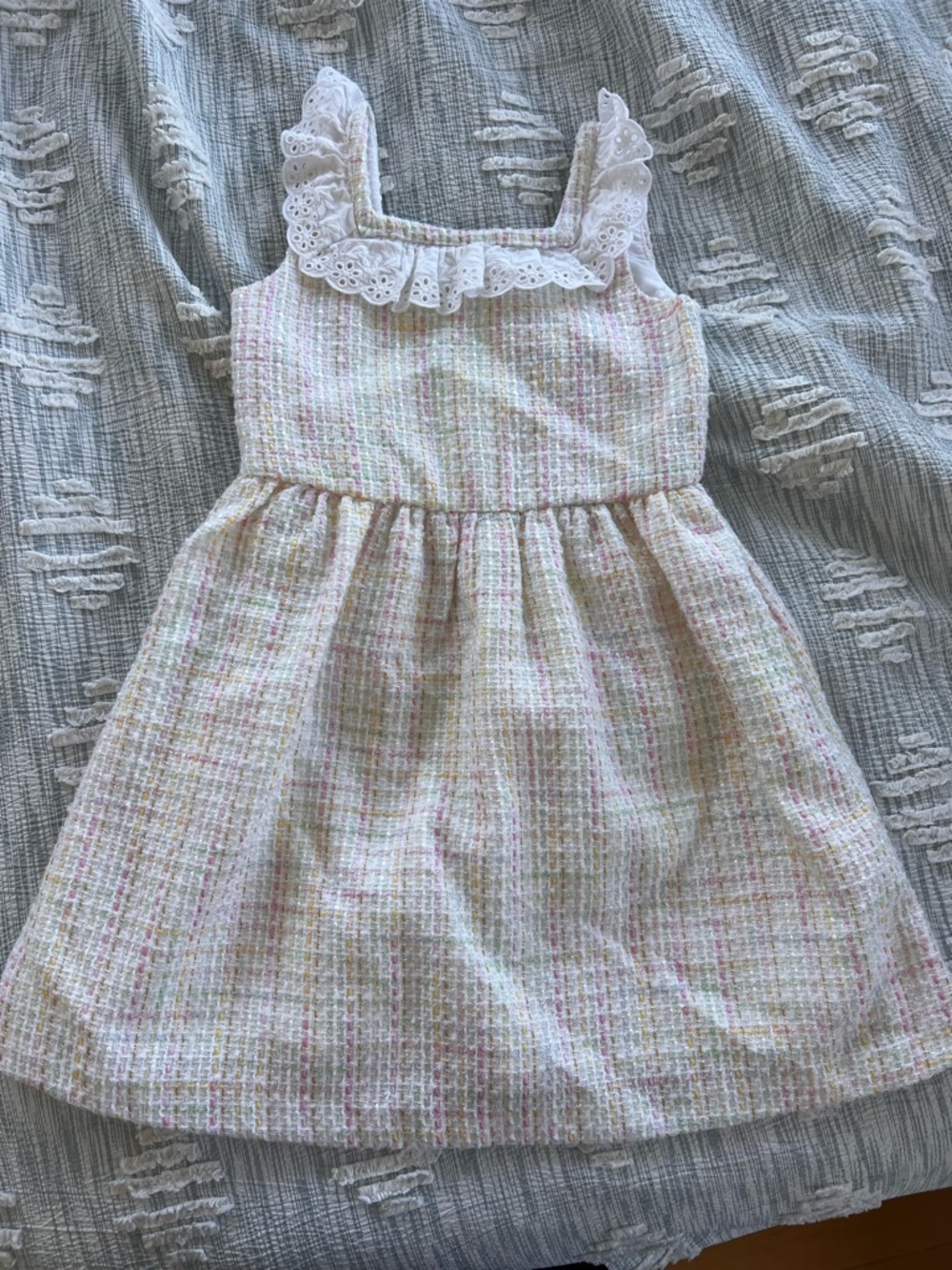 Janie and Jack Cream Pastel Check Eyelet Ruffle Strap Dress